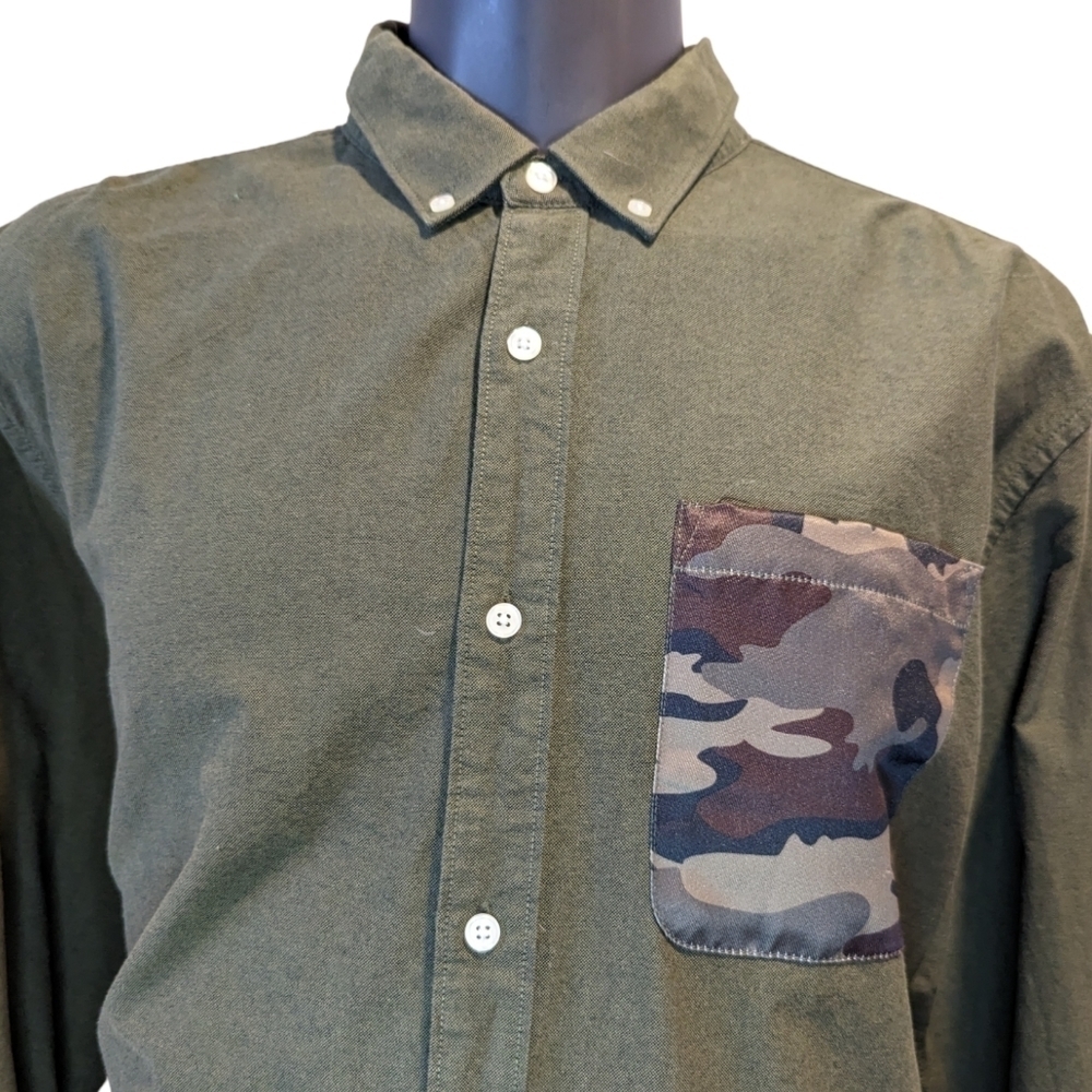 Simons Modern Fit Olive Green Button Down Shirt Size XXL Army Military